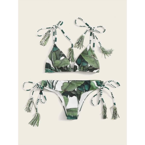 Tropical leaf print wrap tie bikini swim set green - Picture 3 of 4